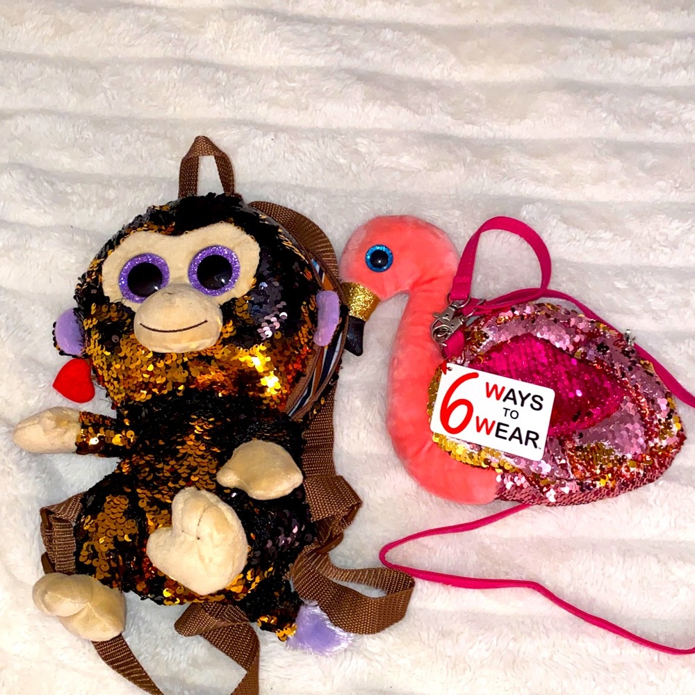 Lot of 2 TY Beanie Coconut sequins monkey backpack (used) & Gilda Flamingo (NWT)